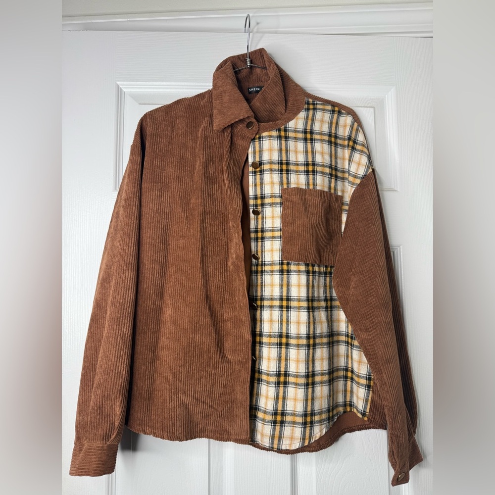 SHEIN Brown Corduroy Plaid Button Down Shirt